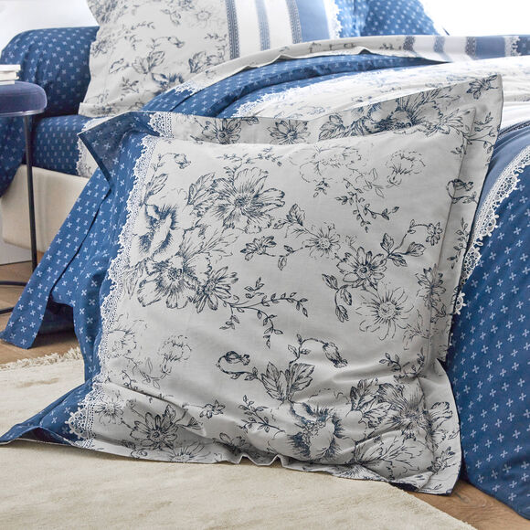 Linge de lit Gabrielle en coton imprimé pois, fleurs et dentelle (bleu marine) Linge de lit Gabrielle en coton imprimé pois, fleurs et dentelle (bleu marine)